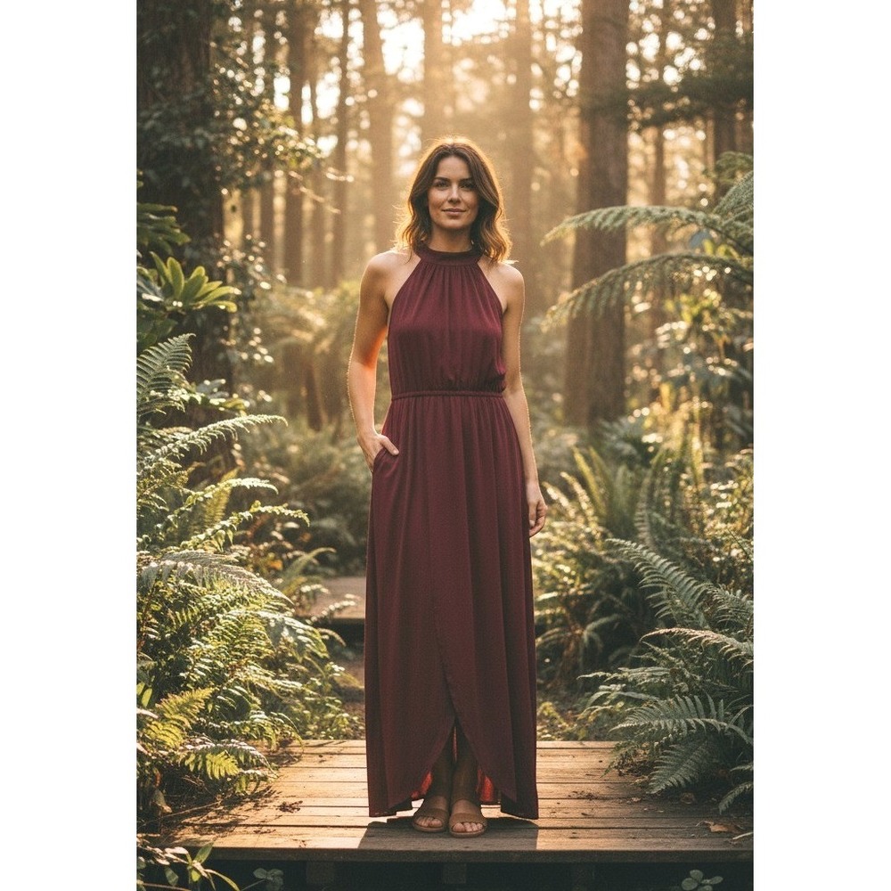 Holiday Wedding Halter Flowy Maxi Dress S Sleeveless Tulip Hem Red Wine Boho